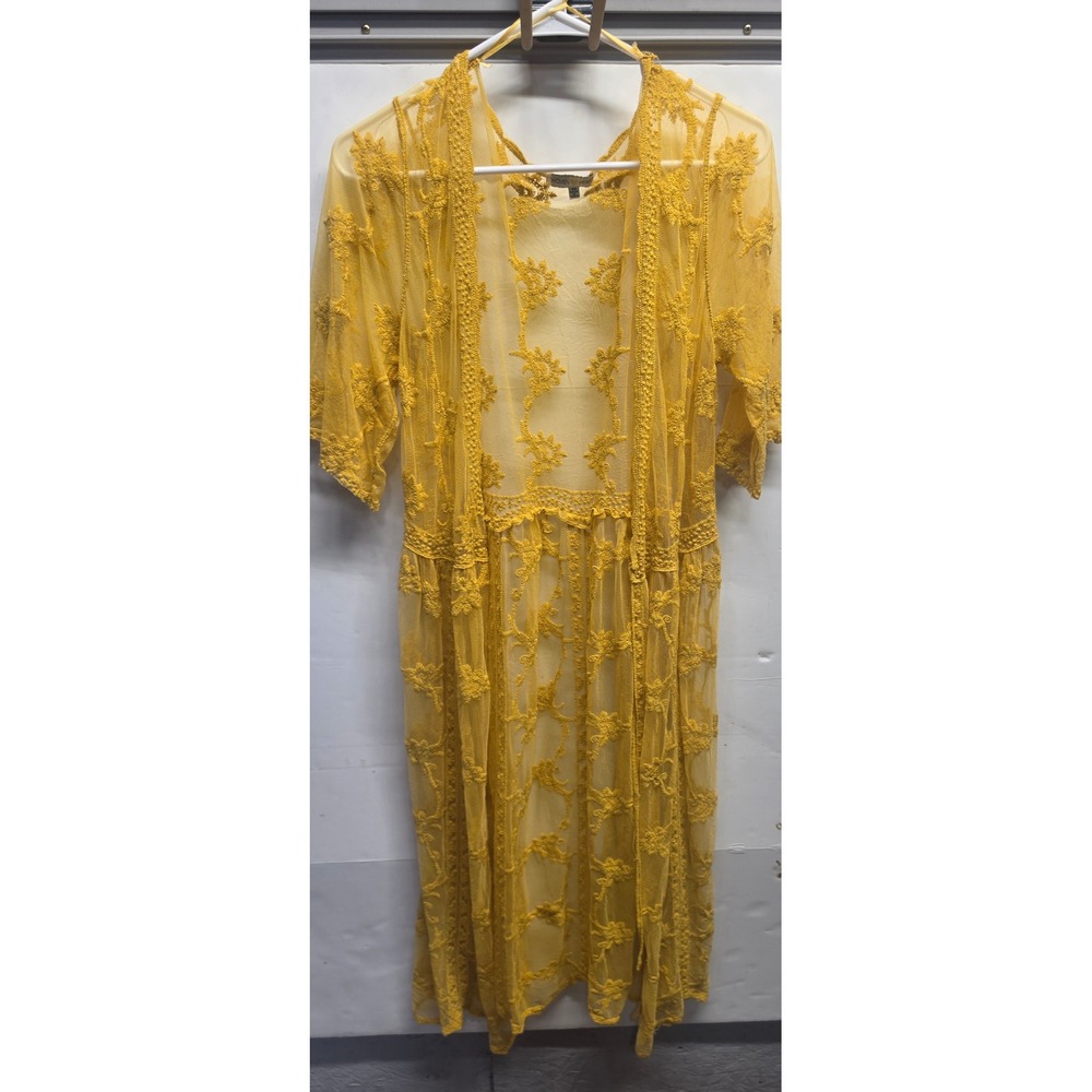 Woven Heart Mustard Yellow Lace Duster Cardigan Floral Embroidered Mesh Medium